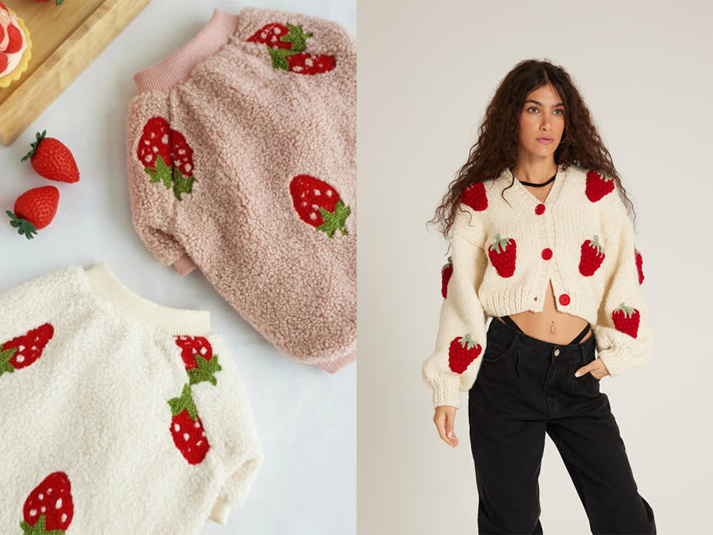 person wearing strawberry sweater and two colors of dog sweaters in strawberry pattern