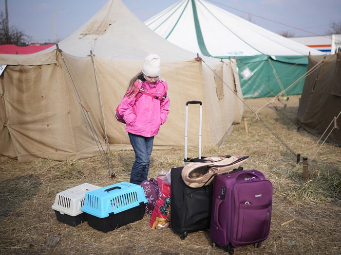 a girl in a pink coat stands with luggage and animal crates