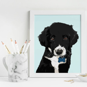 portrait of black dog with blue background in white frame