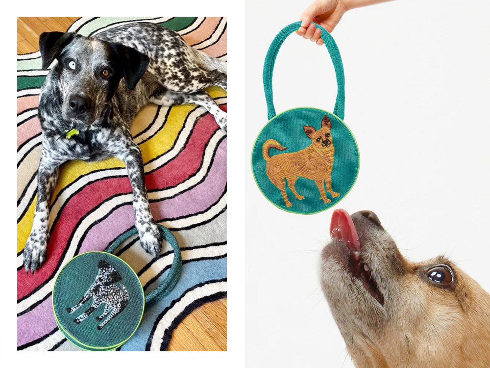 a large black and white dog with a Susan Alexandra bag; a small dog with a Susan Alexandra bag