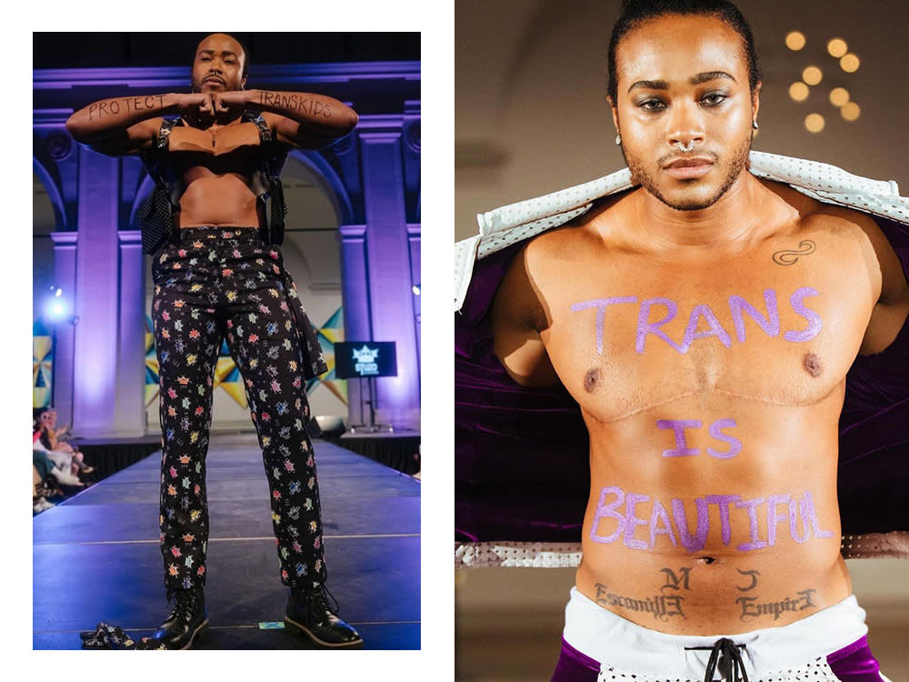 a model with "protect trans kids" written on their arms; a model with "trans is beautiful" written on their torso 