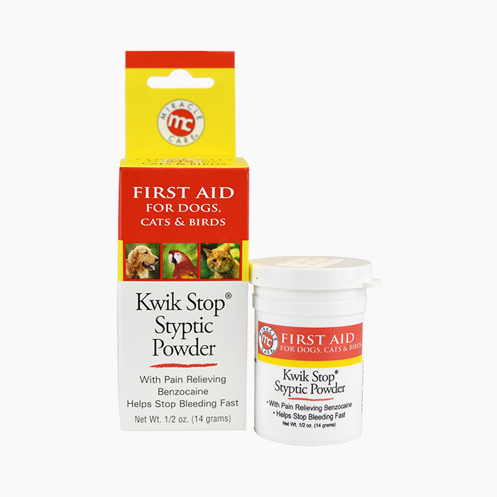 A box next to the bottle of Kwik Stop Styptic Powder