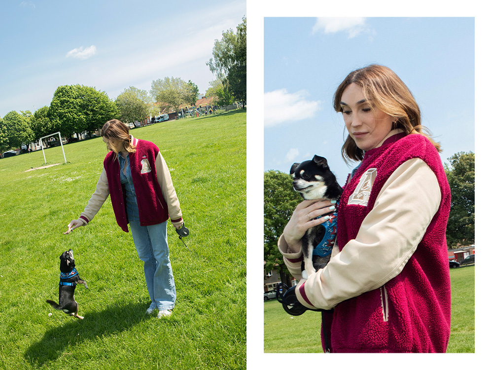 Juno Dawson outside playing with her dog; Juno Dawson outside holding her dog