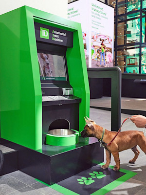 Your furry friend can cash out on tasty treats by using the first-of-its-kind TD Bank Automated Treat Machine (ATM)! This dog friendly ATM uses motion detection for free treat dispensing and includes its own dog-centric content that speaks to our canine friends.