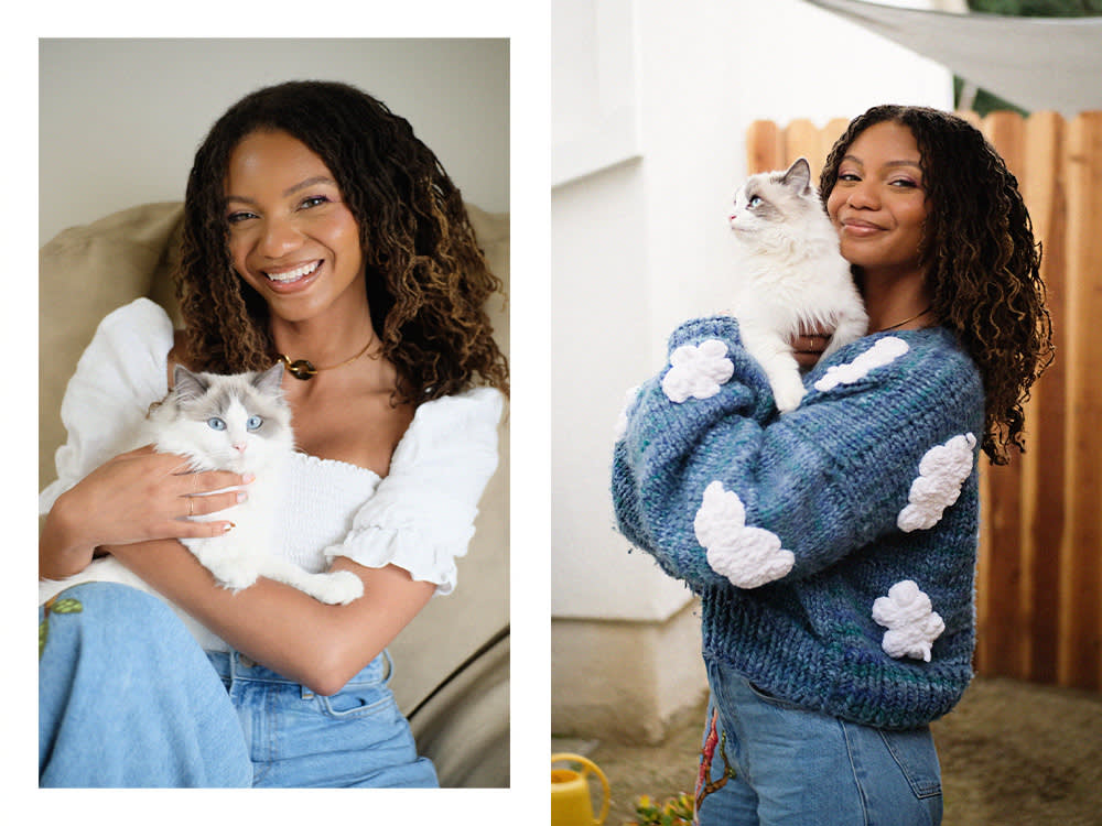 Leah on a chair holding her white cat; Leah outdoors holding her white cat