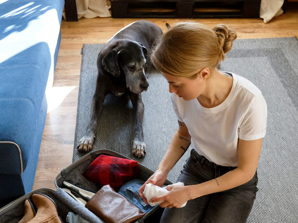 A woman packing her suitcase with a dog laying nearby. 