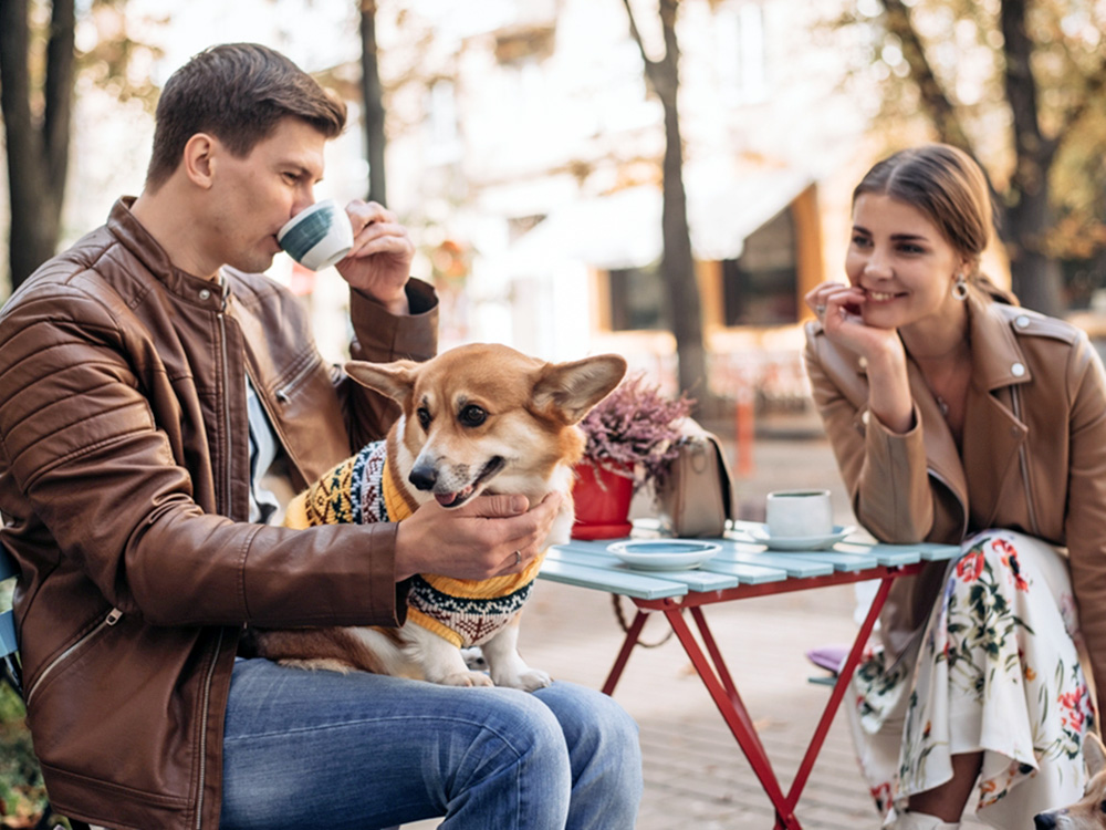 Couple on a date with their dog outside in NYC.