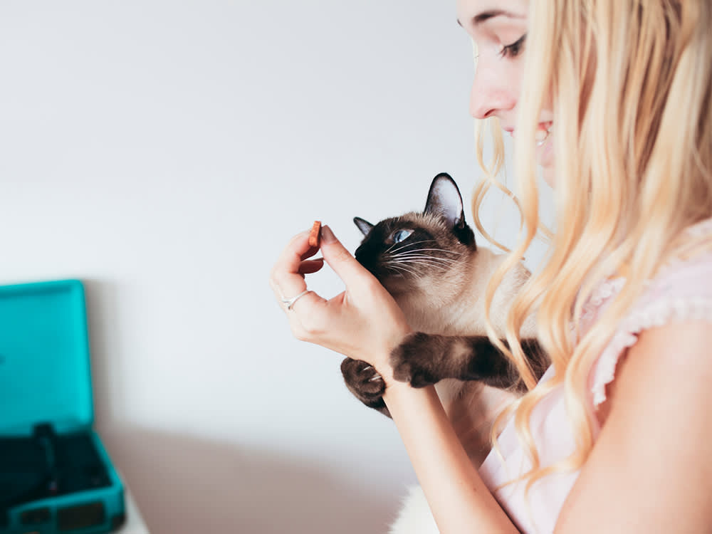Blonde woman holding cat trying to feed it ham 