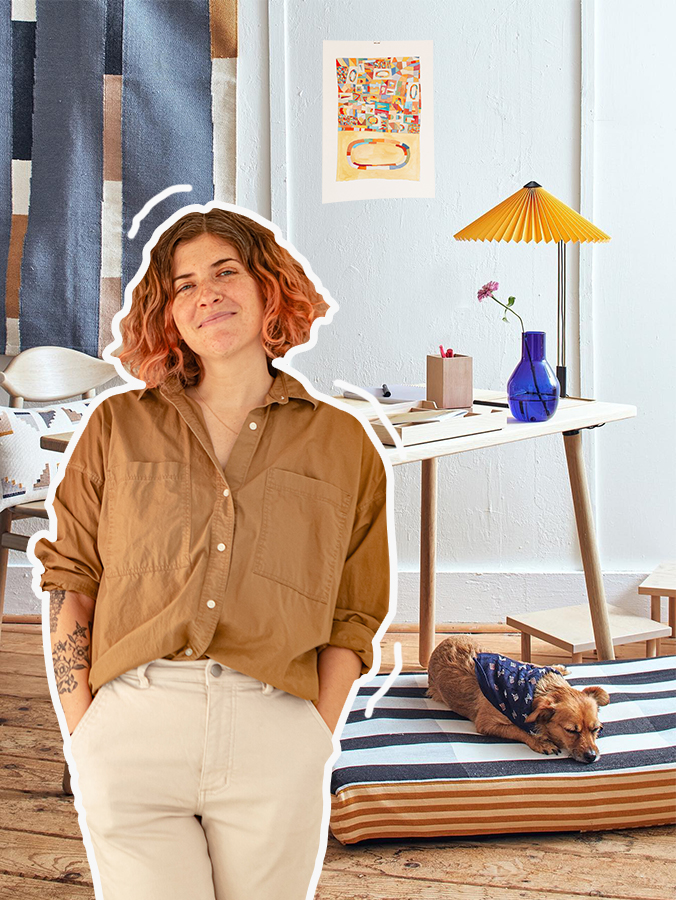An image collage of Sara Berk on a background of a living room designed by MINNA with one of her painting on the wall behind 