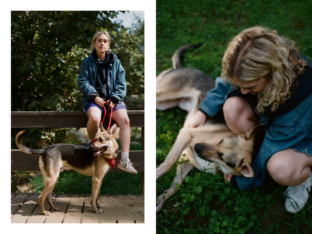 Blondshell poses with Chinchilla; Blondshell snuggles Chinchilla on the grass