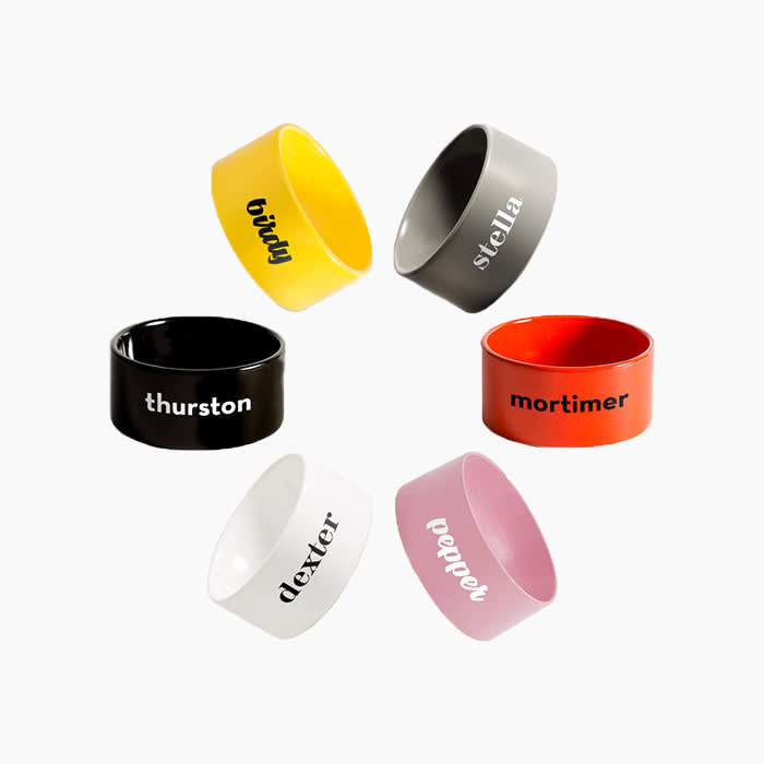 personalized dog bowls in yellow, black, gray, white, pink, and red