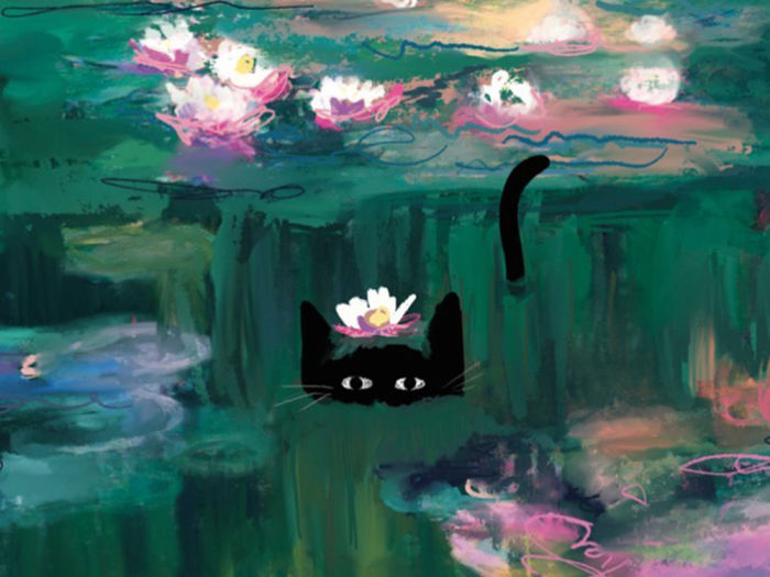 "Claws Monet" print by Niaski of a black cut swimming in a pond with water lilies in the style of Claude Monet's Water Lilies