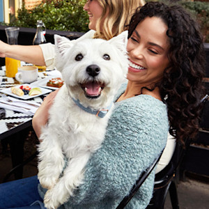 Friends enjoy a meal outside with their white dog.