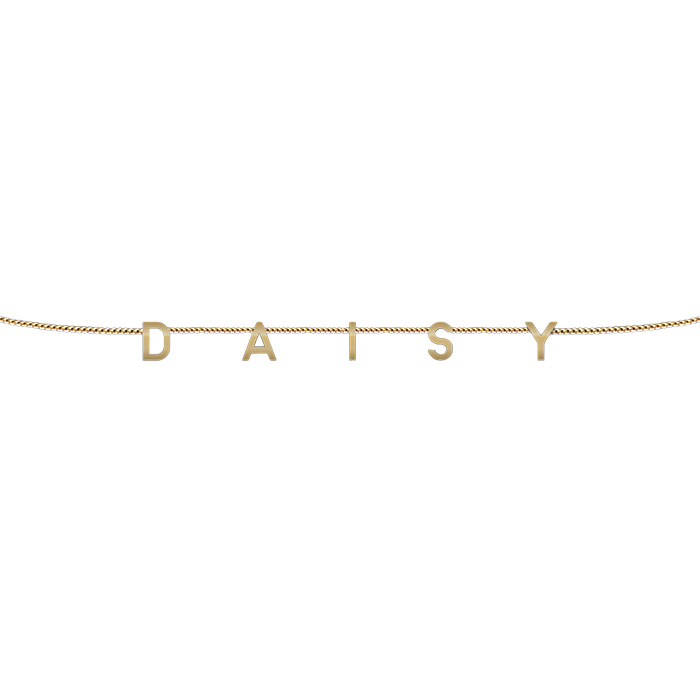 Gold custom necklace that reads "Daisy"