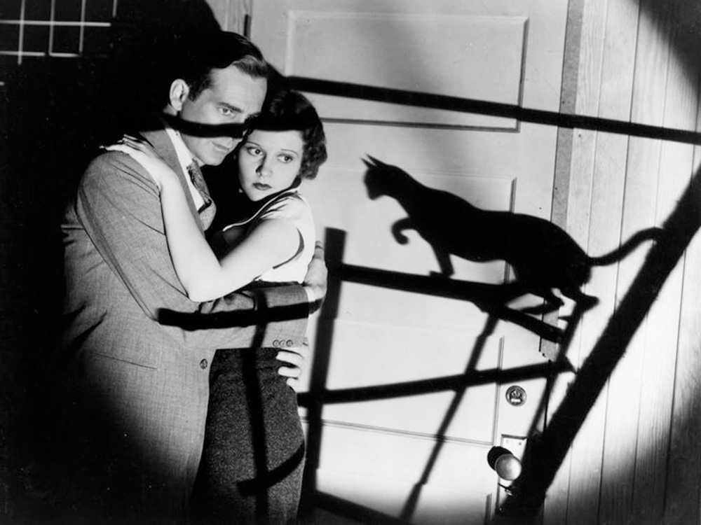 two people hiding from the shadow of a cat in Black Cat