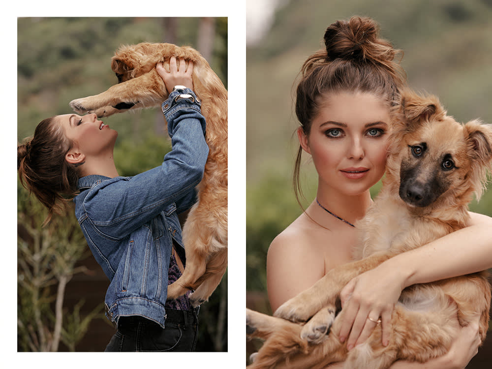 Samantha Hanratty outdoors with her small dog
