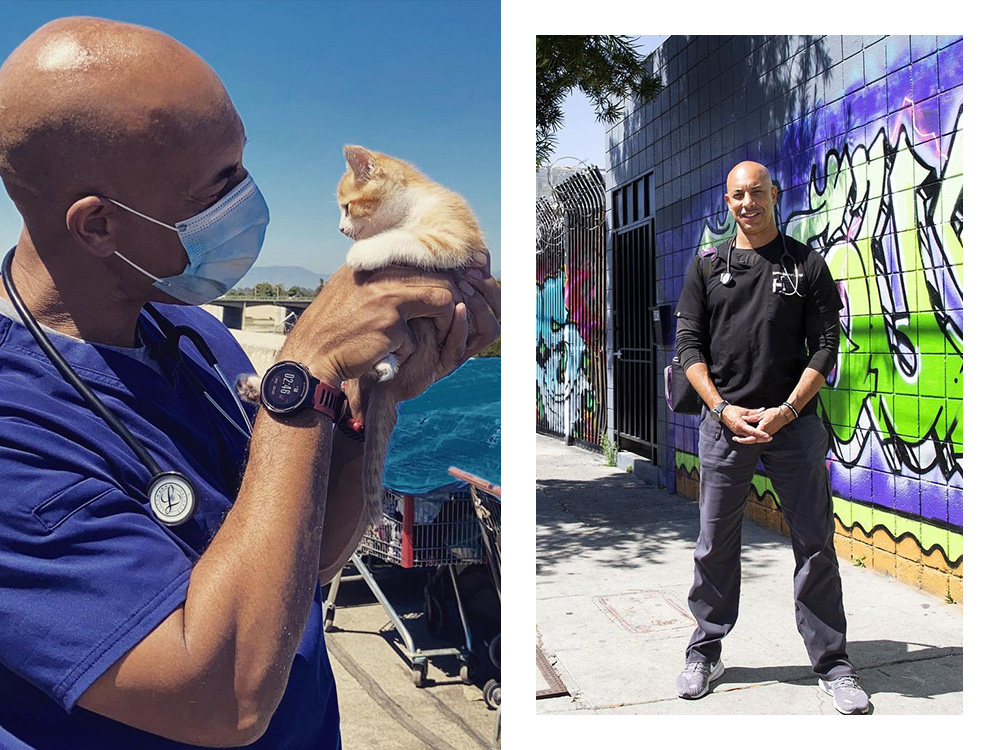 The Street Vet holding a cat; the Street Vet standing 