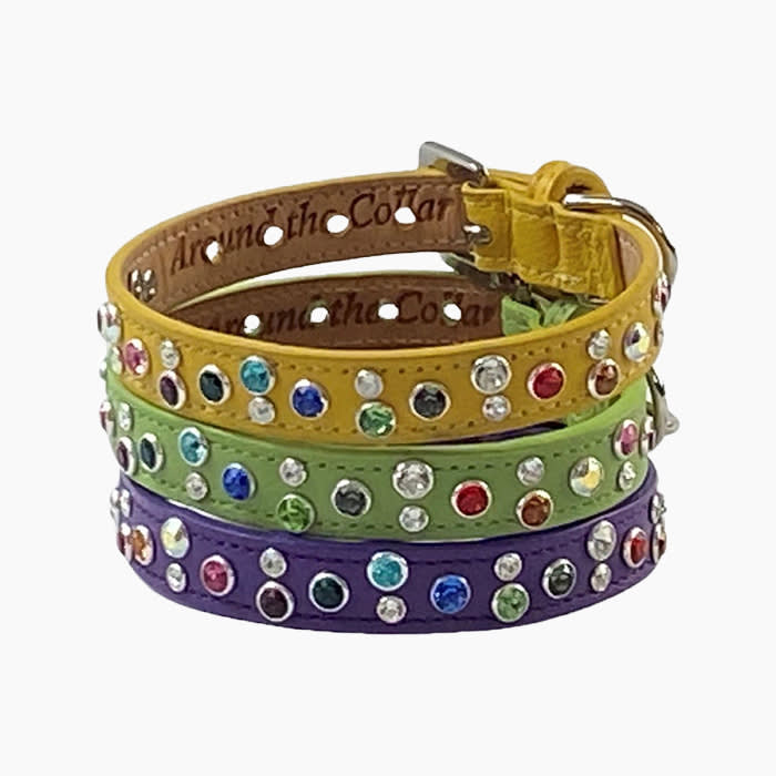 bitch new york crystal embroidered leather collars in yellow green and purple