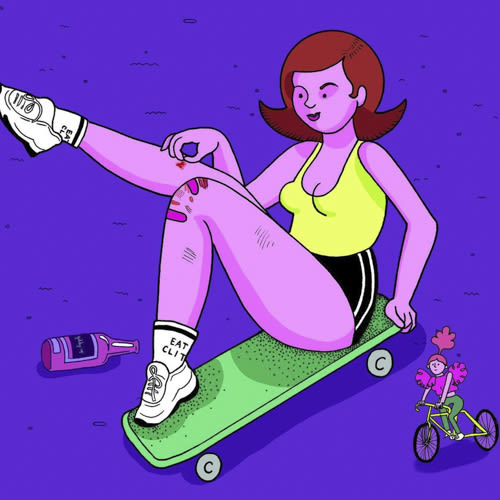 Siobhan Gallagher illustration of a skateboarder peeling a scab