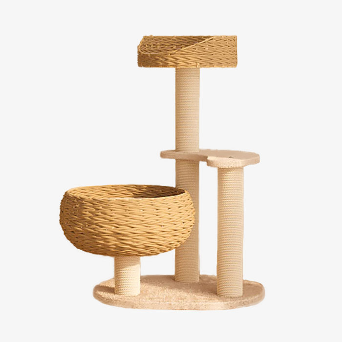 cat tree with rattan basket