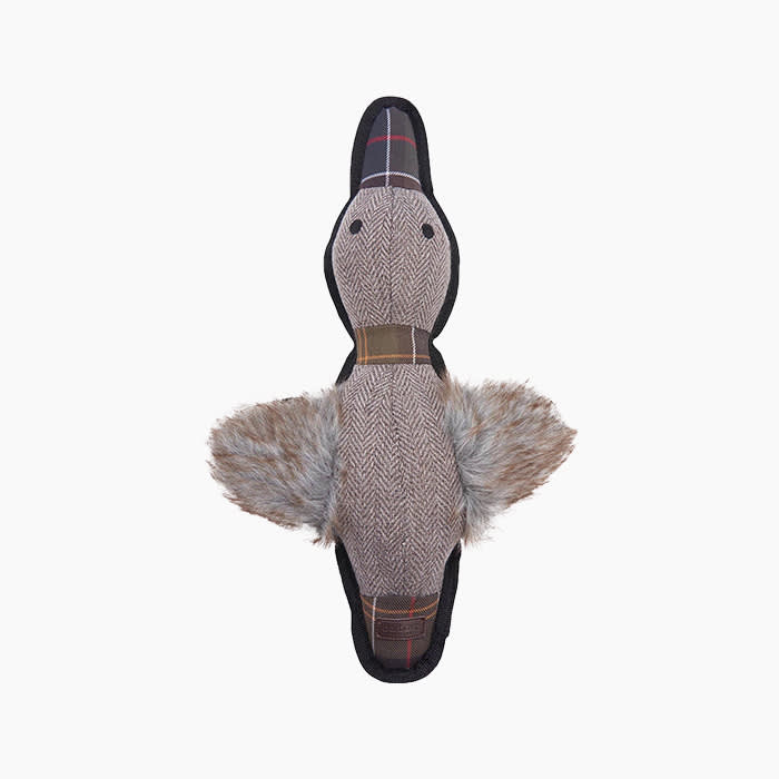 duck dog toy in brown with feather wings and a plaid bill