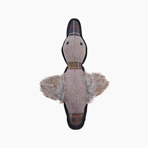 duck dog toy in brown with feather wings and a plaid bill