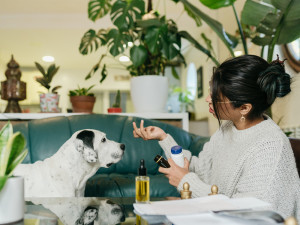 Woman taking care of her sick dog at home.