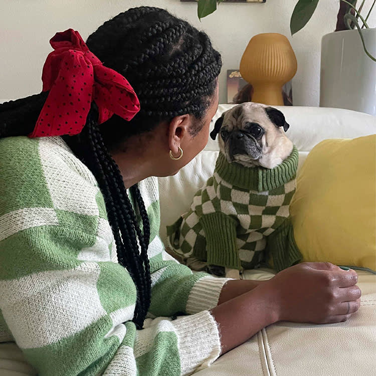 Person and dog matching in green and white checkered clothing
