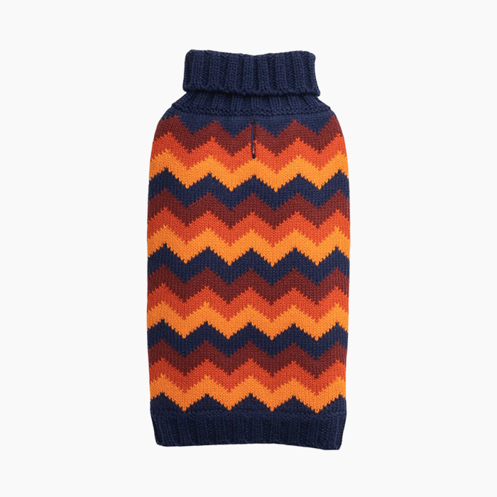 the chevron print sweater in navy and orange