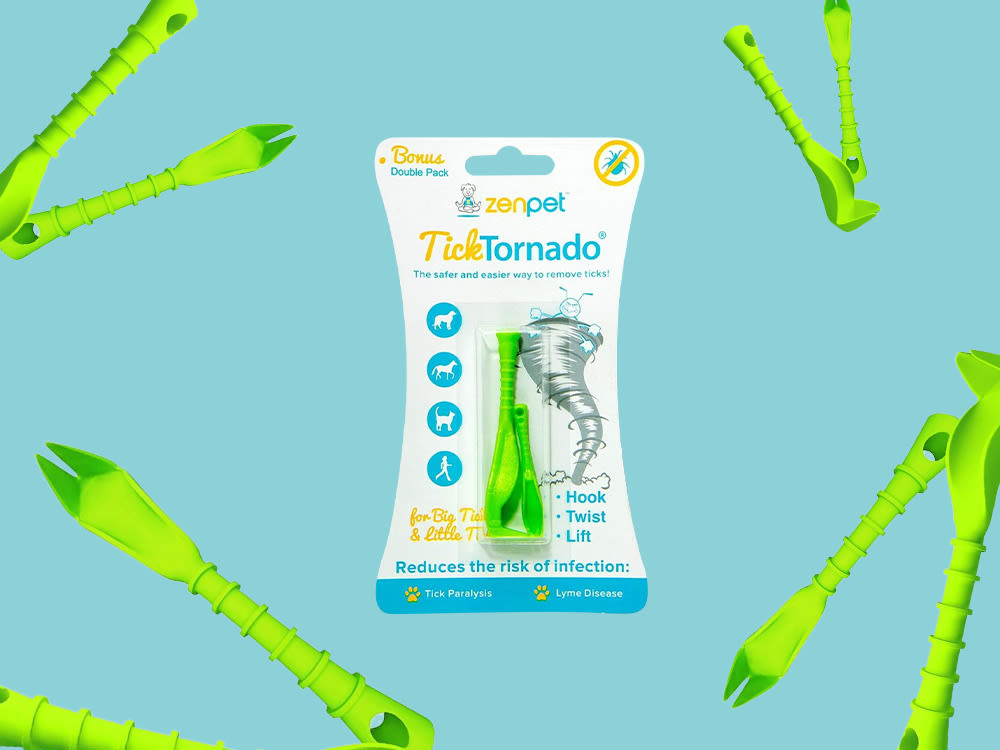 Tick Tornado product by ZenPet on a blue background surrounding by the green tick removal tools in a dynamic design