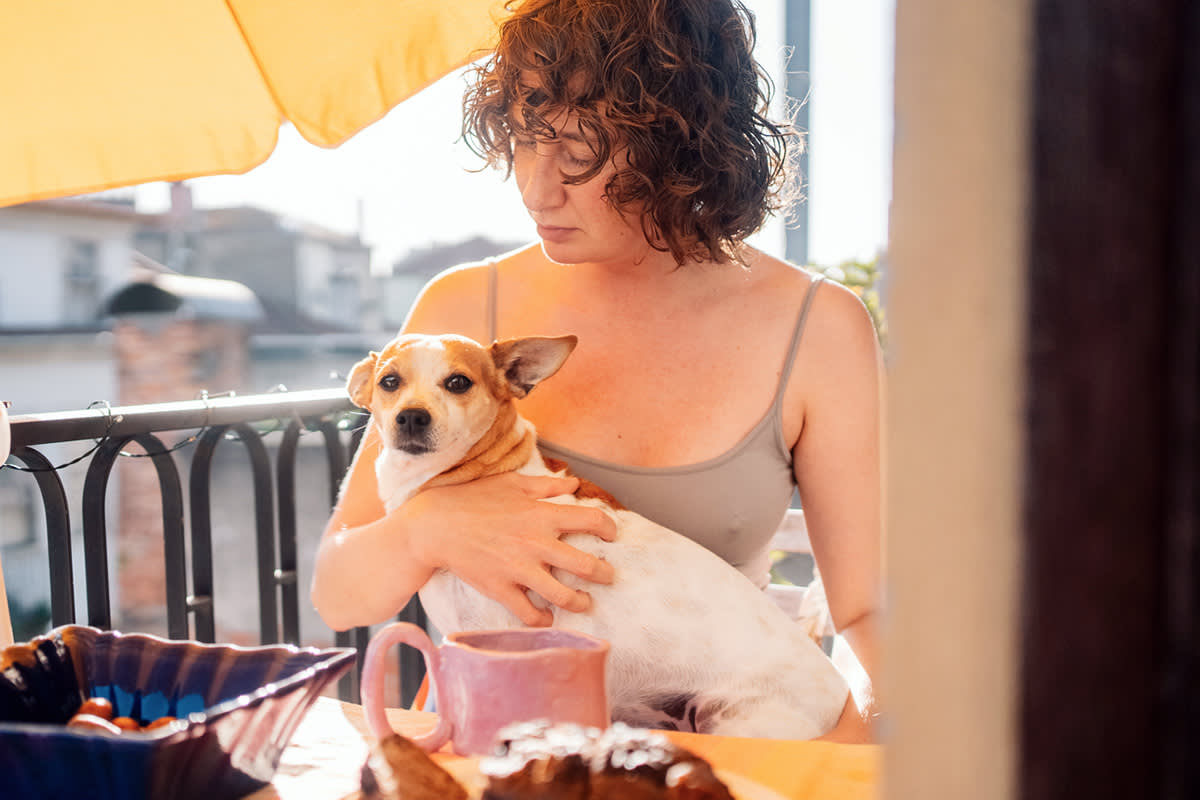 person eating with dog at the table