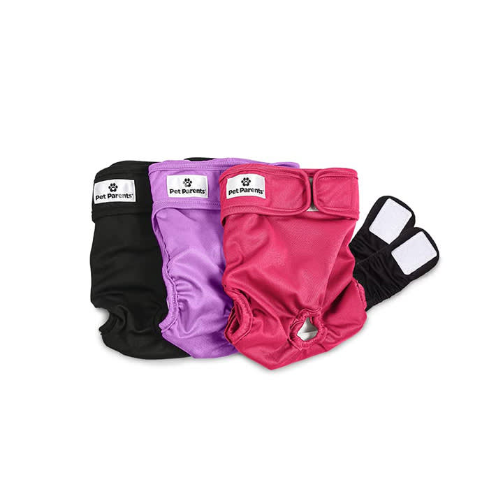 reusable dog diapers in black, lavender, and pink