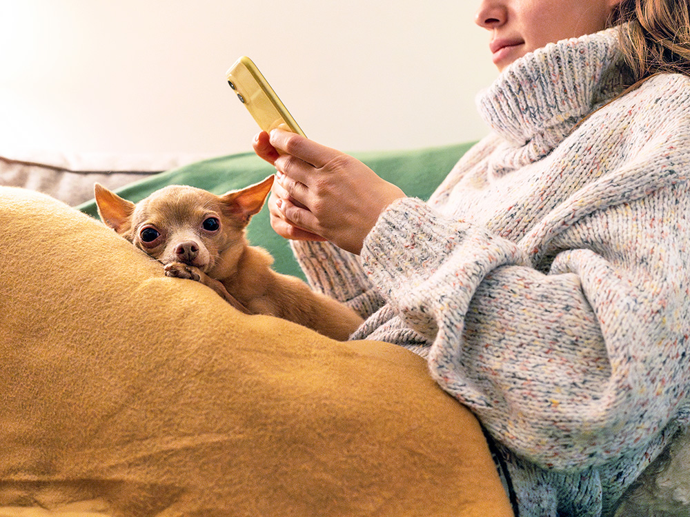Woman snuggling at home with her small dog.