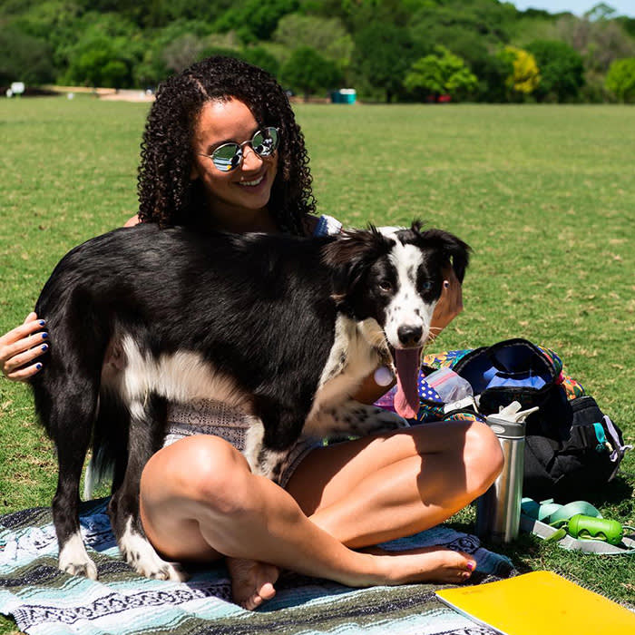 dog standing over person sitting on blanket in the park