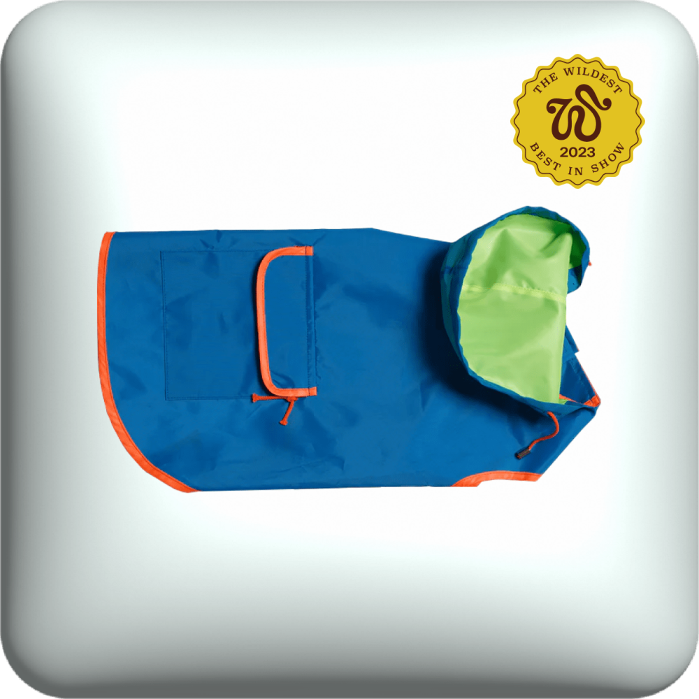 Ware of the Dog colorblock raincoat in blue and green with orange trim