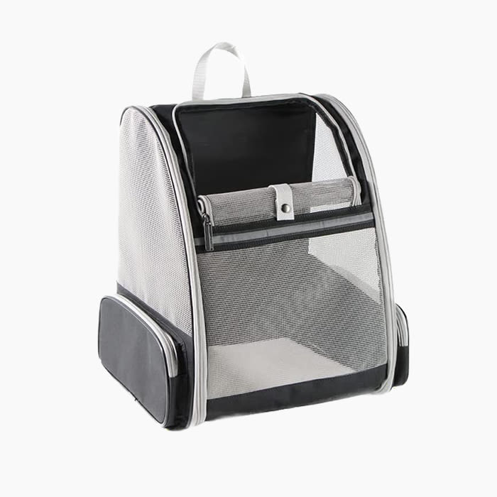 the backpack in grey white and black