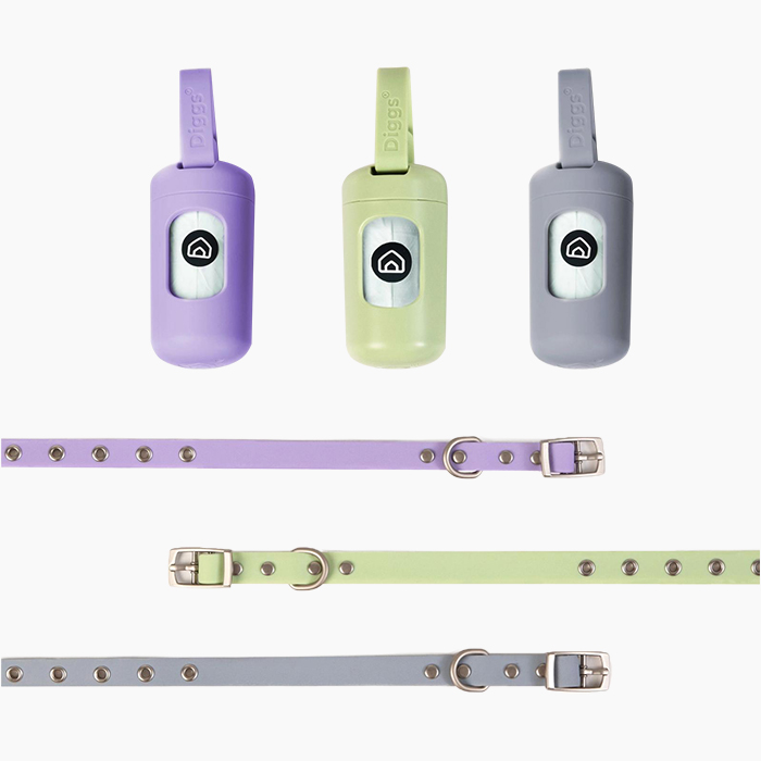poop bag holder in purple, green, and grey