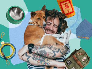 father's day dog dad collage with man and dog and dog products