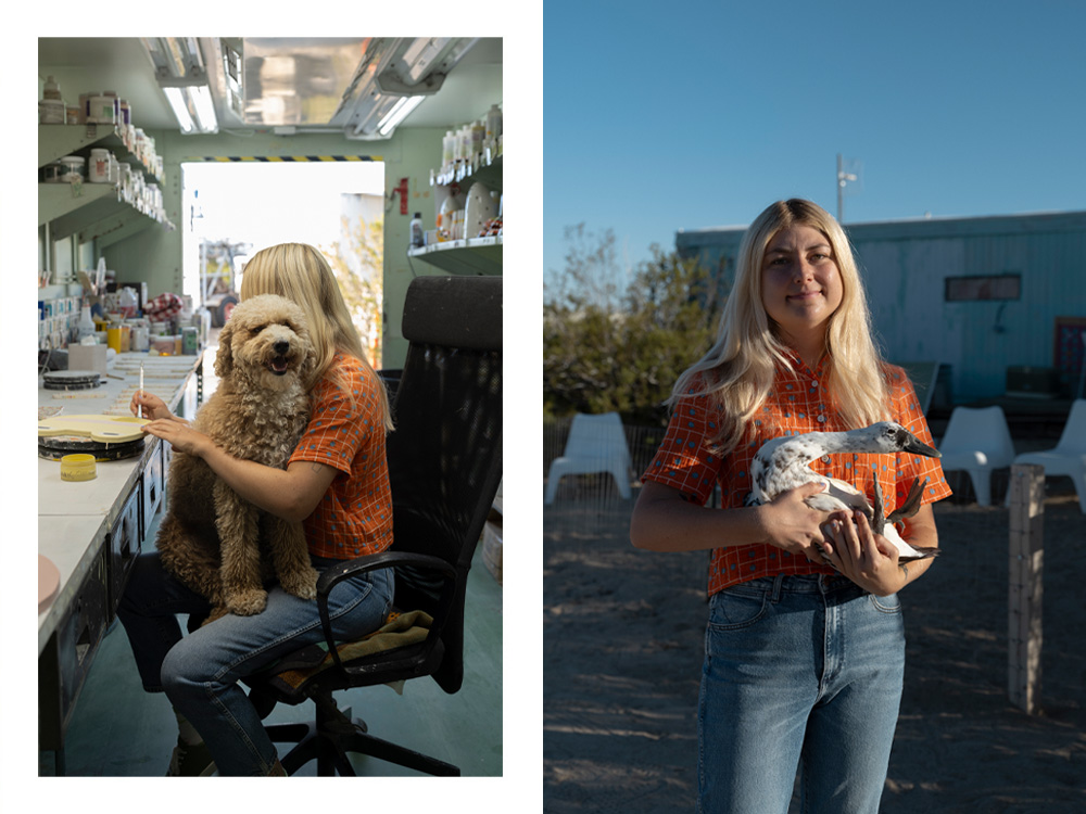 Lorien Stern with her dog; Lorien Stern with her duck