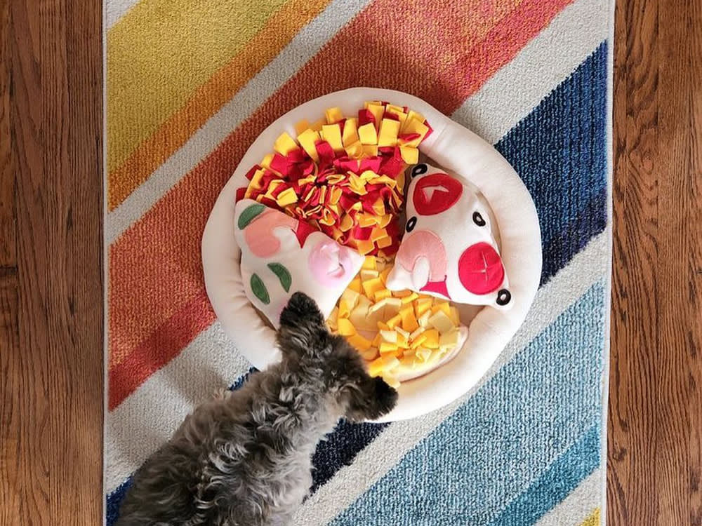 Small dark grey puppy sniffing treats from a Pizza Snufflemat by Injoya Pets via Dog and Co