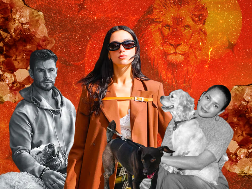 Chris Hemsworth; Dua Lipa; Jennifer Lopez with their dogs behind an orange and red background with a lion 