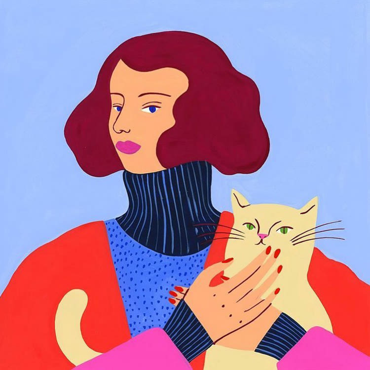 Illustrated self-portrait of Agathe Singer holding a tan cat
