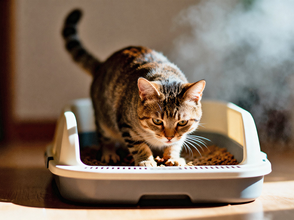 Cat using a litter box at home.