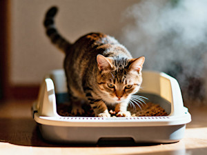 Cat using a litter box at home.