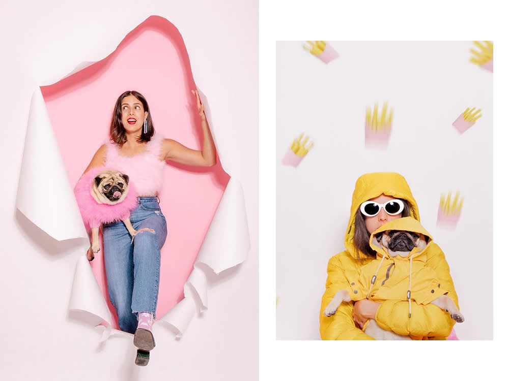 a human and dog in matching pink tops; a human and dog in matching yellow rainjackets 