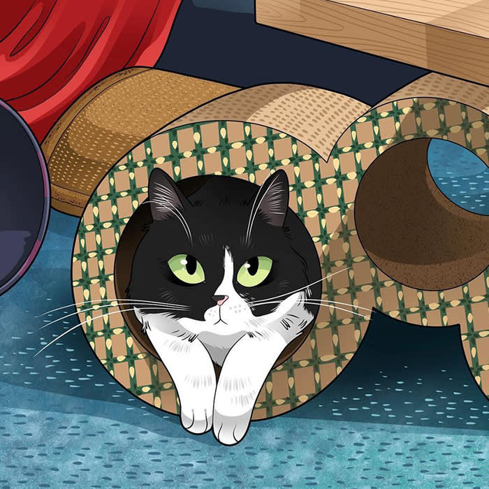 a cartoon portrait of a black and white cat