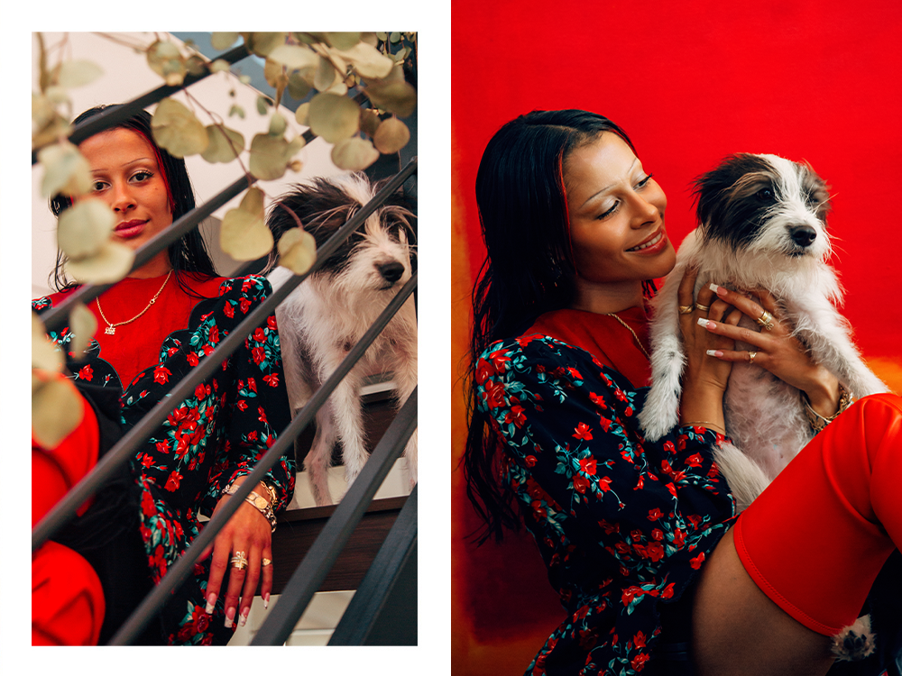 Sami Miró and her small rescue dog behind leaves; Sami Miró holding her small rescue dog in front of a red background