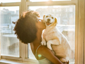 Woman holding her dog beside a window in bright morning light