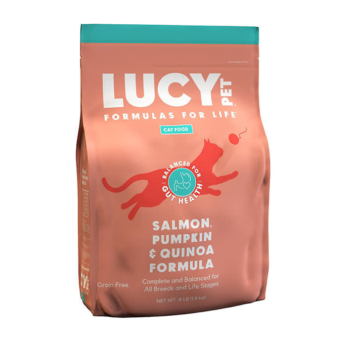 lucy cat food in pink packaging