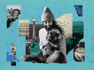 a collage of Seattle landmarks and dogs: the space needle, nature, a coffee cup, two people holding dogs